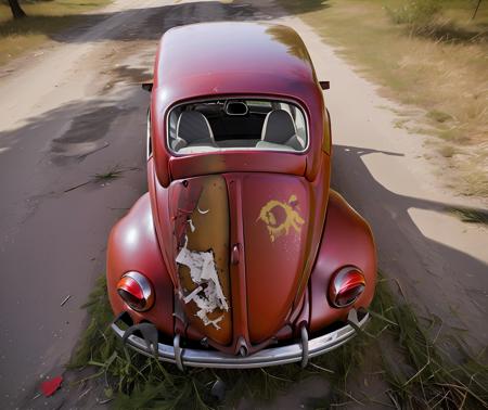 ,realistic, stock photo, photograph,<lora:quiron_beetleVW_V1_Lora:0.67> beetleVWQuiron car,  Birds Eye-View shot (Aerial type photos looking down),, , dirty ripped clothes,  dead tree, rust decorations, ripped empty sack, wrecked, trash, litter, graffiti, vandalised,