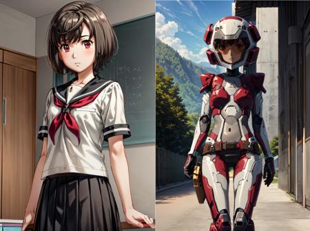 1girl, (masterpiece:1.3), (high resolution), (8K), (extremely detailed), (4k), (pixiv), perfect face, (best quality), (super detailed), (textured skin:1.3), <lora:aico_tachibana-09:0.8>, aico tachibana, black hair, short hair,red eyes, school uniform, serafuku, black skirt, pleated skirt, short sleeves, room, standing, <lora:more_details:0.6> AND
1girl, (masterpiece:1.3), (high resolution), (8K), (extremely detailed), (4k), (pixiv), perfect face, (best quality), (super detailed), (textured skin:1.3), <lora:aico_tachibana-09:0.8>, aico tachibana, helmet, bodysuit, mecha, pilot suit, outdoors, ruins, plants, standing, <lora:more_details:0.6>