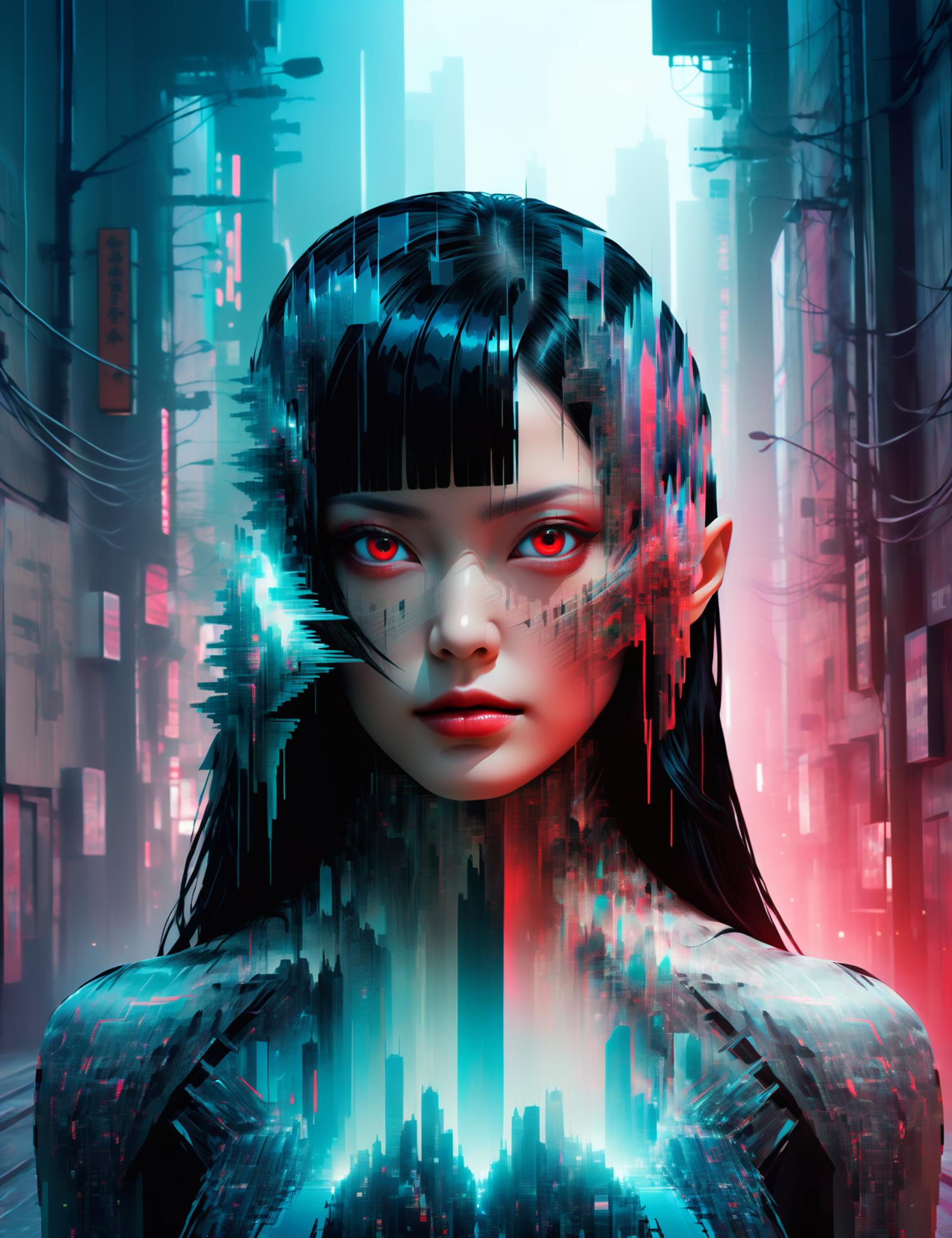 A Woman with Red Eyes in a Futuristic Cityscape