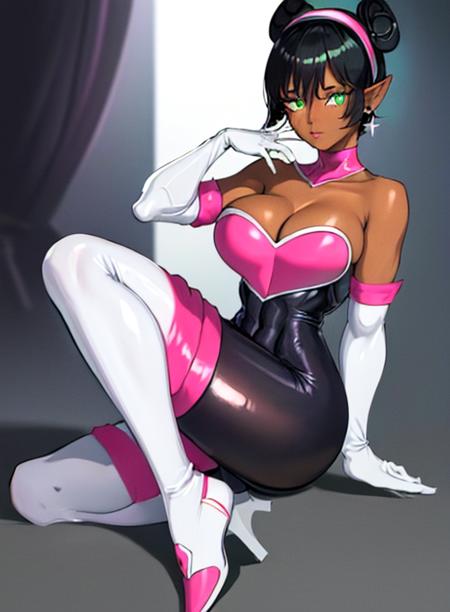 best quality, (masterpiece),(ultra-detailed), (high quality), (high resolution), ,  <lora:rougecosplay:0.7>,rouge cosplay, breasts, white gloves, bare shoulders, thigh boots, bodysuit, white footwear, cleavage,  <lora:Buki:0.5>, buki, black hair, breasts, dark skin, dark-skinned female, double bun, earrings, green eyes, hair bun, hairband, pointy ears, short hair