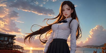 masterpiece,best quality, flat color, low contrast, ((1girl)),detailed face, beautiful eyes,long  hair,hair ribbon,black school uniform , standing,((looking at viewer)), view from below,beautiful detailed sky,bright sky,cloudy sky,sunlight , sunset,(detailedlight),lighting,colorful,ocean,beach,sky scraper, autumn, haze, very detailed background