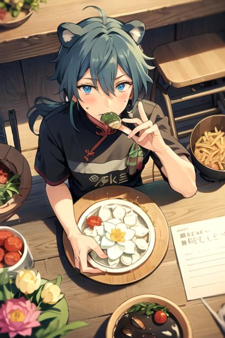 <lora:NikiShiina-08:0.7> ,niki, solo, long hair, looking at viewer, blush, blue eyes, shirt, 1boy, holding, animal ears, hair between eyes, jewelry, sitting, blue hair, ponytail, flower, short sleeves, male focus, earrings, food, black shirt, from above, chinese clothes, eating, floral print, holding food, tassel, low ponytail, plate, bamboo, bishounen, jar, lotus, bamboo steamer, lattice