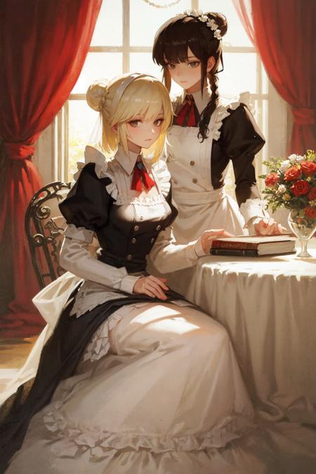 masterpiece, best quality, extremely detailed, detailed background, detailed face, masterpiece, best quality, extremely detailed, detailed background, detailed face, multiple girls, 2girls, curtains, flower, dress, piano, sitting, red flower, long hair, book, maid, white dress, candle, long sleeves, instrument, rose, window, indoors, holding, apron, puffy sleeves, blonde hair, bouquet, red rose, white flower, black hair, maid apron, music, candlestand, bow, looking at another, braid, black dress, single hair bun, brown hair, holding flower, white apron, bangs, juliet sleeves, table, sunlight, hair bun, short hair