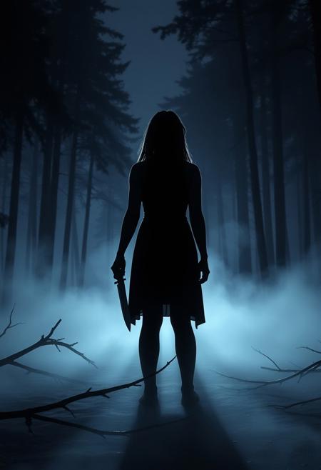 A dark and terrifying scene inspired by classic horror films. Picture a secluded, fog-covered lake in the woods at night, with towering trees casting long shadows. In the center of the scene stands a menacing feminine figure with dreadlocks, holding a Rambo knife in one hand, surrounded by eerie, flickering lights. The figure’s silhouette is partially obscured by mist, creating a sense of dread and anticipation. Broken branches and ominous shapes are scattered across the ground, hinting at a recent struggle. The atmosphere is heavy with tension, fear, and the looming threat of violence, evoking the unsettling mood of iconic slasher films.