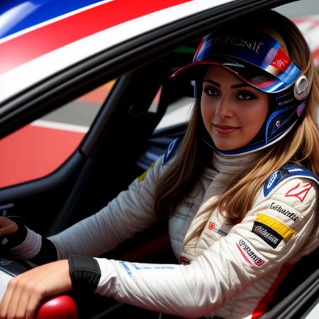 dgdressed, high resolution photo of a woman, posing as an F1 driver