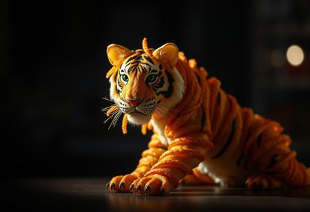 tigre formado por patatas fritas, colores vibrantes, aspecto tranquilo,  fondo oscuro, primer plano, iluminacion derecha, cuerpo de patatas, cortadas, rodajas, sentado mirando a la camara, fotografia cinematografica. Mas definicion de las patatas fritas mejorar el aspecto
