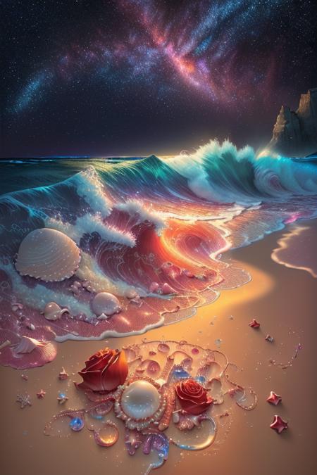 CG rendering of delicate scene, starry sky, a fantastic [red|orange|yellow|green|blue|purple] rainbow upon sea wave, many colorful shells and pearls along the beach, red crystal roses glowing crystal pebbles, galaxy starlight, luminous creatures, roses focus, ultra-wide shot, , <lora:FairyTaleV1a_SD1.5:0.7>