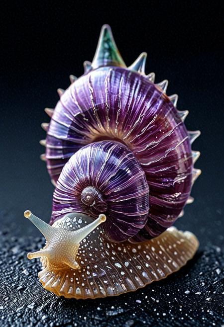 Tilt shift photography style, flu0rite, a Snail, fluorite mineral, iridiscent, spiky fluorite shell, ( Unmanned:1.2), simple dark background, minimalist,