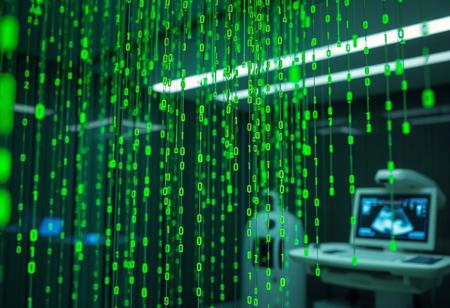 In a futuristic laboratory setting, a mesmerizing matrix of glowing translucent binary digits of code cascades downward, comprising vertical streams of vibrant green coding sequences that seem to defy gravity. The depth of field emphasizes the intricate details of the code droplets, resembling a human embryo suspended in mid-air, connected to the intersection of nodes in the circulatory system. In the background, an ultrasound machine hums softly, its sonogram display providing a 3D rendering of the intricate network.