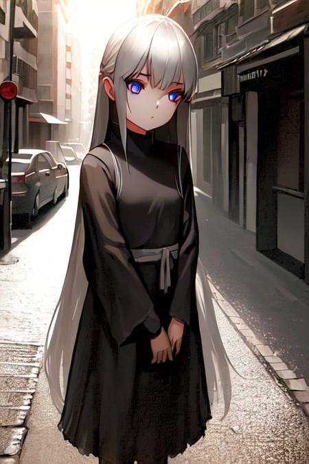 (art by AS109:1.3), (dusky theme), (((best quality))), solo, 1girl, ((detailed hair)), (long hair), clear eyes, (in street), (detailed background), shadow, chiaroscuro,