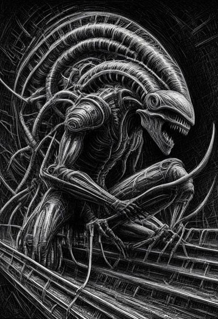 a Xenomorph from Aliens, long skull, crouching on a catwalk, shadowed, intricate textures, high detail. ScribbleRay, black and white, hard lines, ((thick lines)),