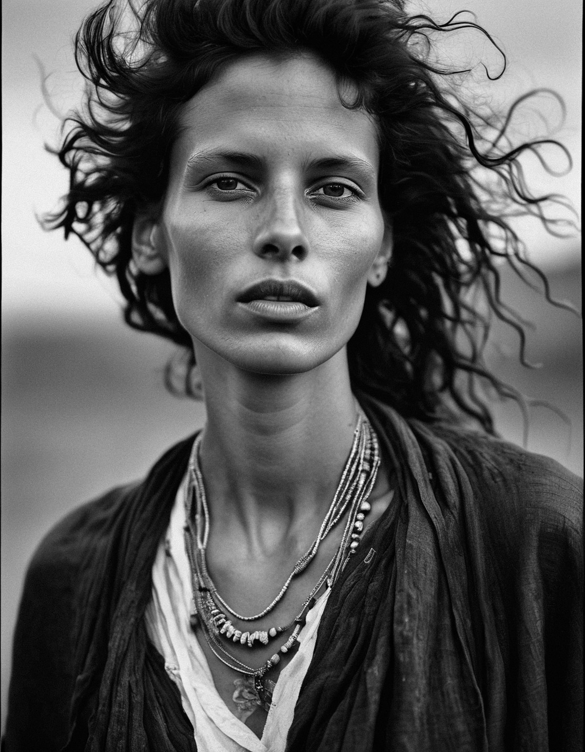a upper body black and white portrait of a arafed woman with a messy hair and a necklace on her neck, by Peter Lindbergh, ...