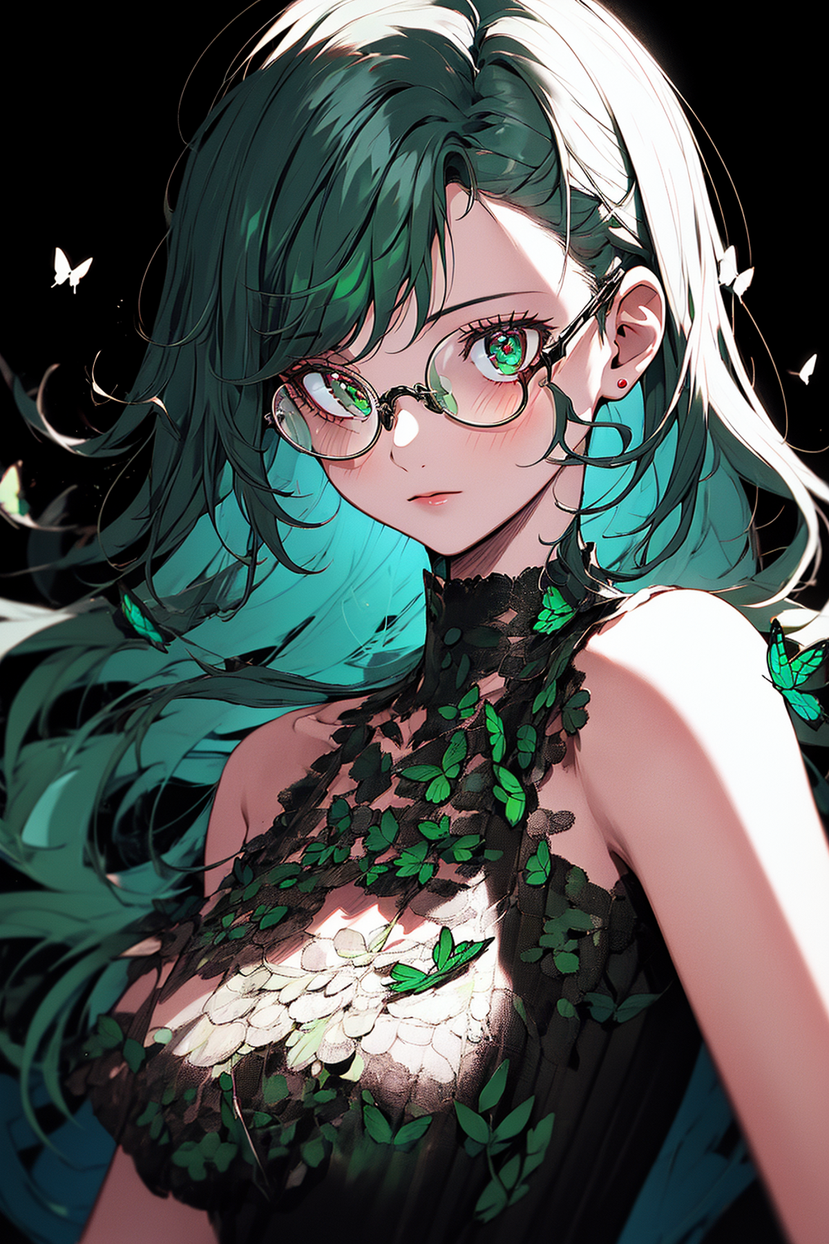 masterpiece, best quality, <lora:butterfly:1>, 1girl, butterfly style, ultra detailed, circle glasses, dark green hair, co...