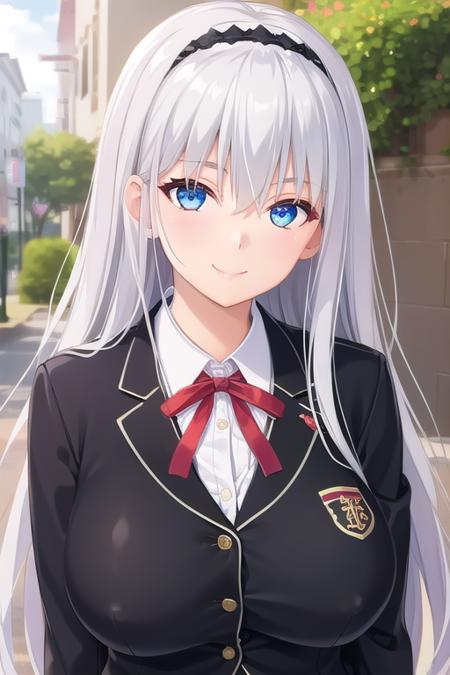 Ichinose Mikoto very long hair,white hair,hairband,hair between eyes,sidelocks,bangs,blue eyes school uniform,black jacket,blazer,neck ribbon,red ribbon,white shirt,collared shirt,huge breasts,skindentation,long sleeves,miniskirt,black skirt,pleated skirt,black pantyhose,loafers