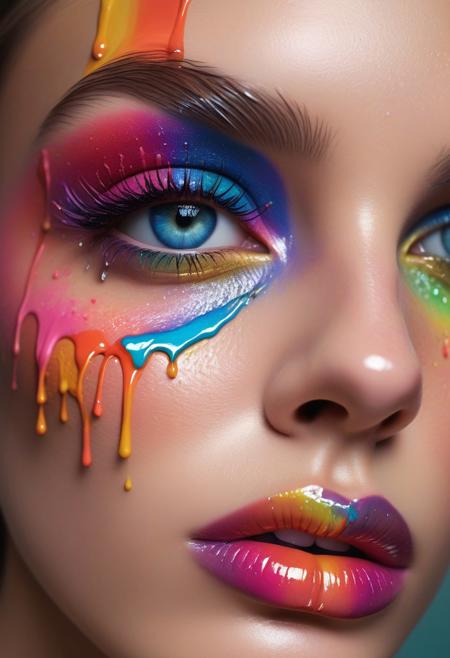A close-up of a woman's eyes and lips with dripping paint-inspired makeup. Her eyelids are painted with bold, glossy rainbow gradients that seem to drip downwards, creating the illusion of wet, flowing paint. The dripping effect continues along the countours of the lips, with vivid streaks of color extending from a glossy ombre base of pastel colors. The sharp, vibrant details contrast beautifully with the clean and natural surrounding skin. Hyper-detailed, bold, and dynamic, focusing entirely on the artistic interplay of the eyes and lips.