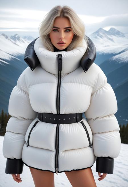 high tech mad science mind-control collar, ziped up oversized thick sherpa padded puffer coat with large turtleneck, With Having Her Entire Neck Covered In Thick Padded Neck Brace, very cold, puffer skirt, full body, winter, snow, mountains, 1girl, masterpiece, detailed face, detailed eyes, beautiful detailed eyes, sidelighting, super detail, hyper detail, intricate_details, detailed, looking at viewer, very detailed face, Blonde hair, white hair, absurdly long hair, hair between eyes, straight hair, green eyes, put your hair behind your ears, eyelashs, eyeliner, eye shadow, wet hair, sweat, white skin, Angry face, blush, padded cuffs, padded collar, Thick padded cuffs, Thick padded collar, sprawled, bound, bdsm, restrained, cuffs, spread legs,spread arms, <lora:Collar-SDXL:0.6>, <lora:Cuffs-SDXL:0.6>, <lora:Puffer_Jacket_and_Down_Jacket_-_Extra_Puffy_Jackets:0.6>, <lora:puffer_skirt_v1:0.6>