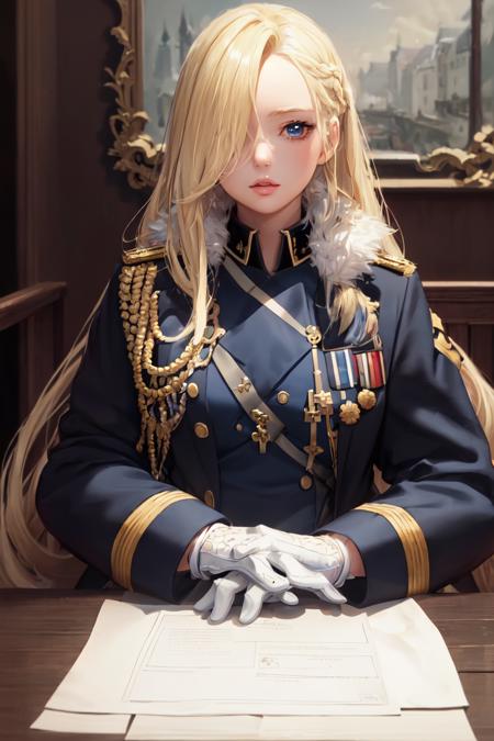 highres, sharp focus, pixiv masterpiece, ((intricate details)), highly detailed, olivier_mira_armstrong, 1girl, full body, (hair over one eye:1.2), blonde hair, long hair, lips, blue coat, jacket, military uniform, white gloves,  <lora:Olivier Mira Armstrong v1_1:0.7>