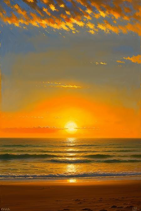 oil painting with heavy impasto,  elegant intricate artstation concept art by craig mullins detailed, colorful beach, sunset, orange sun,

