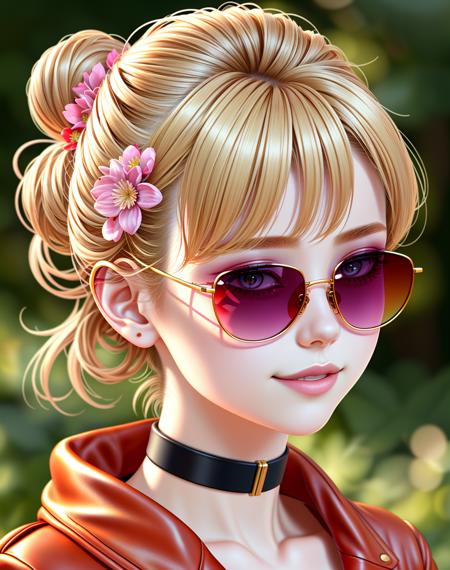 4K, Masterpiece, highres, absurdres,natural volumetric lighting and best shadows, deep depth of field, sharp focus, soft delicate beautiful attractive face,blonde Nadia,((sunglasses)), choker, leather jacket , smiling, 
1girl, solo, hair ornament, upper body, flower, hair flower,  hair bun, puffy lips, with a edgJapan haircut,
 <lora:Nadia:0.35> <lora:edgJapan:0.78>