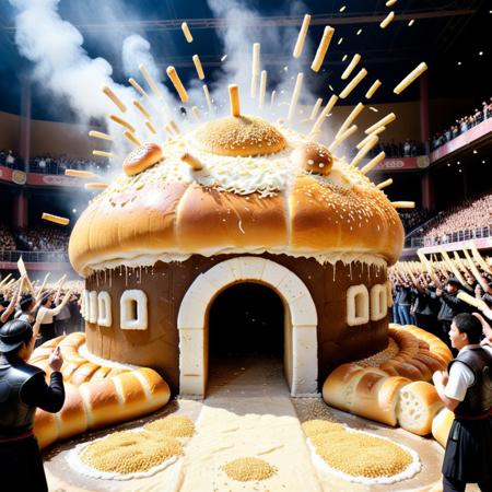 a battle arena built from crusted bun segments, walls oozing filling with every impact, soft bread columns collapsing into fluff, fighters wearing armor baked from savory crusts, crowd tossing sesame petals into the air, Buns
