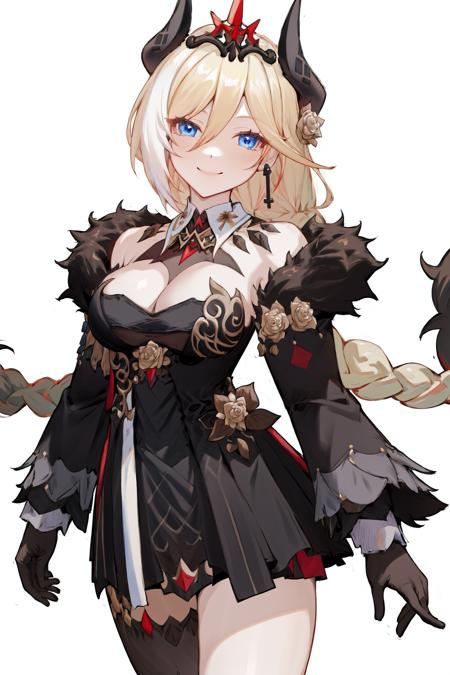 masterpiece, best quality, highres, 1girl blue eyes hair flower horns earrings braided ponytail tiara, black dress bare shoulders breasts cleavage black gloves long sleeves single thighhigh fur trim detached collar <lora:durandal_nibelungen_traumlied:1> light smile, looking at viewer, simple background