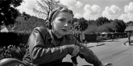 <lyco:Joan Fontaine-v1.0:1> portrait of beautiful Joan Fontaine, riding a motorcycle, action shot, wearing a leather jacket, realistic, film grain, sharp, bokeh, uhd, movie screenshot, side view