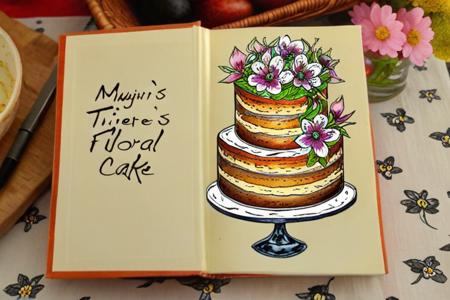 open book on a table with a pen and ink illustration of a Three Tiered Floral Cake by cooking show
<lora:Baking_Illustration:1>
<lora:Baking_Illustration:1>