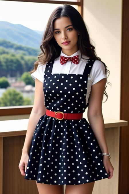 realistic, masterpiece, high detailed skin, looking at viewer, full body shot, scenic view, long hair, black hair
<lora:Pinafore_Polka_School_Dress_By_Stable_Yogi:1> polka dots pattern pinafore dress, long skirt, red bowtie, belt