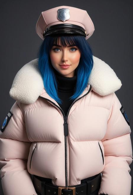 ((((Thick sherpa padded down coat)))), ((((Thick sherpa padded puffer coat)))), ((((Thick sherpa padded winter clothes)))), ((((Very cold)))), ((((cowboy shot)))), 1girl, (masterpiece), ((detailed face, detailed eyes)), (beautiful detailed eyes:1.5), sidelighting, (super detail, hyper detail, intricate_details, detailed), looking at viewer, (semi realistic:1.6), face focus, cyberpunk, police, police hat, police uniform, very detailed face, (Blue hair), absurdly long hair, (asymmetrical bangs, forehead), (blue eyes), angry face, put your hair behind your ears, medium breasts, ((blush)), smug smile, body suit, pressure cuffs, pressure collar, Thick padded cuffs, Thick padded collar, <lora:Collar-SDXL:0.6>, <lora:Cuffs-SDXL:0.6>, <lora:Puffer_Jacket_and_Down_Jacket_-_Extra_Puffy_Jackets:0.6>