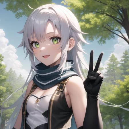 best quality, (masterpiece:1.2), illustration, absurdres,
(1girl, solo), (beautiful detailed girl), (upper body, portrait),
<lora:Fie-08:0.8>, Fie Claussell, white hair, long hair, green eyes, flat chest, small breasts, petite, thin,
grey vest, blue scarf, white tube top, long gloves, black gloves,
magical forest, sky, clouds,
smile, victory sign, peace sign, v sign