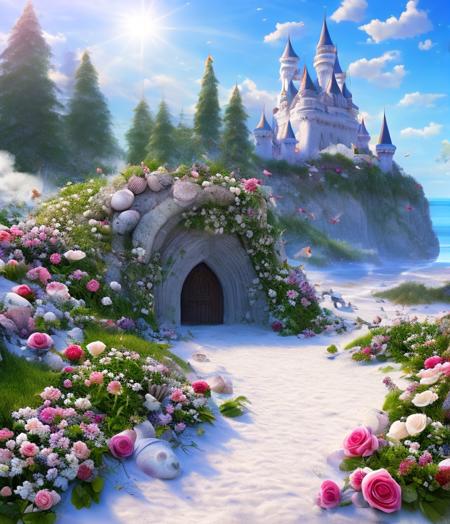 castle, flowers, delicate scene, sky,white clouds,and sunlight shine on the snow-white beach. flowers roses and shiny large shells,  diamond crystal, on the beach, fantasy, sky night , moon, smoke , fire, photo, HD, 8K ,