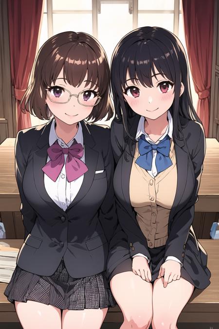 ((masterpiece)), (best quality), (detailed), (2 girls),library
AND ((masterpiece)), (best quality), (detailed), (2 girls),<lora:sno-12:0.35>,bow, bowtie,black jacket,black short hair,school uniform,glasses,smile
AND ((masterpiece)), (best quality), (detailed), (2 girls),<lora:sno-12:0.35>,bow, bowtie,black jacket,black long hair,school uniform,smile