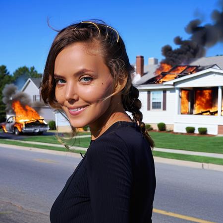 <lora:k4ty4cl0v3r:1> high quality photo of ((k4ty4cl0v3r)) a woman looking back at camera with a sly smile while a house burns in the background in a typical American suburb