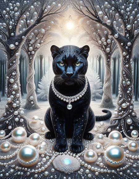 A black panther peeking out from between trees made of pearls, a masterpiece of ultra-realistic 8K digital art. , Milky mist floating around, detailed depiction, mysterious light floating in the darkness, dark background, (((mystical surrealism)))),
A hot topic on Artstation,
Ultra-detailed and intricate background,
Double exposure,
An artistic masterpiece with attention to detail, (romantic surrealism),looking at viewer,
(((intricate detail))),
high detail,
perfect proportions,
sharp focus,
microscopic details,
complex and fascinating (((masterpiece)))),
pure perfection,
close-up scene,
ultra-detailed and atmospheric detail,
intricate masterpiece,
rich colors,
ultra-high definition background <lora:Pearlum_World_Morph:1> Pearlum, <lora:imagination_v666-000019:0.6> q2wz2