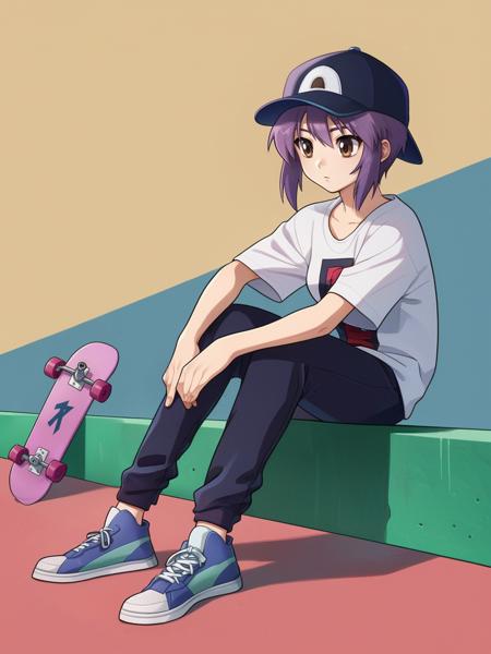 score_9, digital art, (rimlight, studio lighting:1),
1girl, nagato yuki, purple hair, short hair, brown eyes,
expressionless,
skateboard, baseball cap, sneakers,
<lora:nagato autismmix_Confetti 40x40 Prodigy__cosine_dim8_sv_fro_dp0.9:0.6>