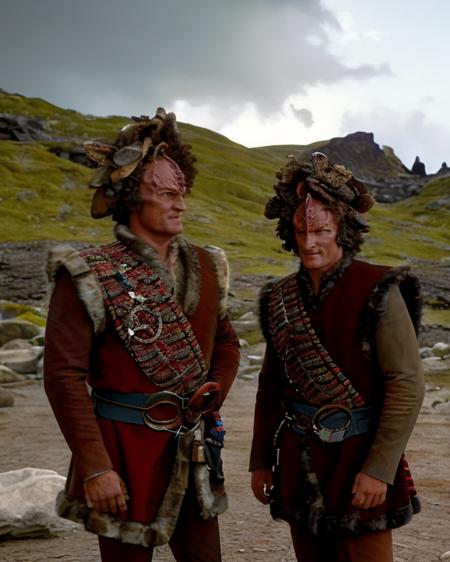 kazon, two male kazons, culluh and jabin, reddish brown ochre skin, bumpy ridged forehead, brown wooly hair with leaves, wearing knit fabric jackets with fur trim, wearing sash and belt with decorations, (wide shot:1.2), in a bleak landscape, dark volcanic soil, mossy ground, brutalist architecture building, overcast sky, outdoor lighting, photograph, highly detailed, 8k, anthony de longis, gavan o'herlihy, <lora:kazon_lora:0.8>