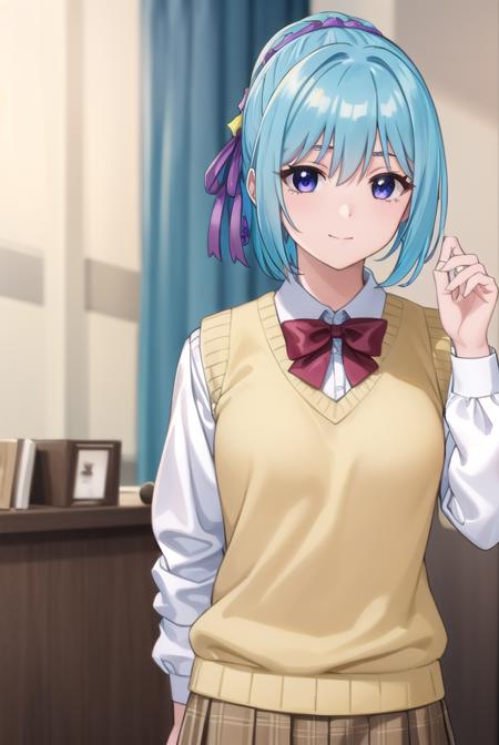 kurumukurono, <lora:kurumu kurono s2-lora-nochekaiser:1>,
kurumu kurono, short hair, blue hair, (purple eyes:1.1), ponytail, ribbon, hair ribbon, hair ornament, smile,
BREAK shirt, white shirt, long sleeves, bow, red bow, sweater vest, yellow sweater vest, skirt, plaid skirt, green skirt, socks,
BREAK indoors, classroom,
BREAK looking at viewer, (cowboy shot:1.5),
BREAK <lyco:GoodHands-beta2:1>, (masterpiece:1.2), best quality, high resolution, unity 8k wallpaper, (illustration:0.8), (beautiful detailed eyes:1.6), extremely detailed face, perfect lighting, extremely detailed CG, (perfect hands, perfect anatomy),