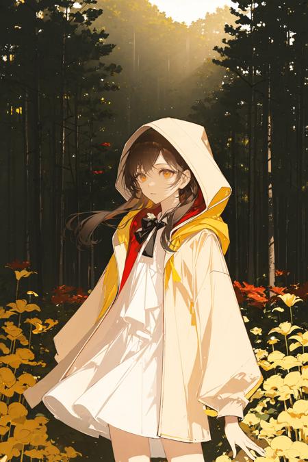 solo, 1boy , simple background, standing, white background , male focus, jacket, hood ,flower, long hair, nature, solo, tree, dress, red flower, very long hair, scenery, forest, sunlight, outdoors, spider lily, light rays, blurry, brown hair, holding flower, white dress, depth of field, holding, standing, sunbeam 
///////////   <lora:chongzhen-000202:1>