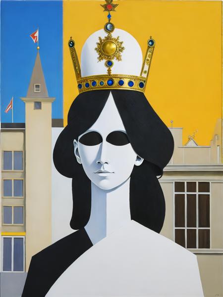 <lora:GeorgeCondo:1>a painting of a man with a crown on top of his head and a building in the background by George Condo