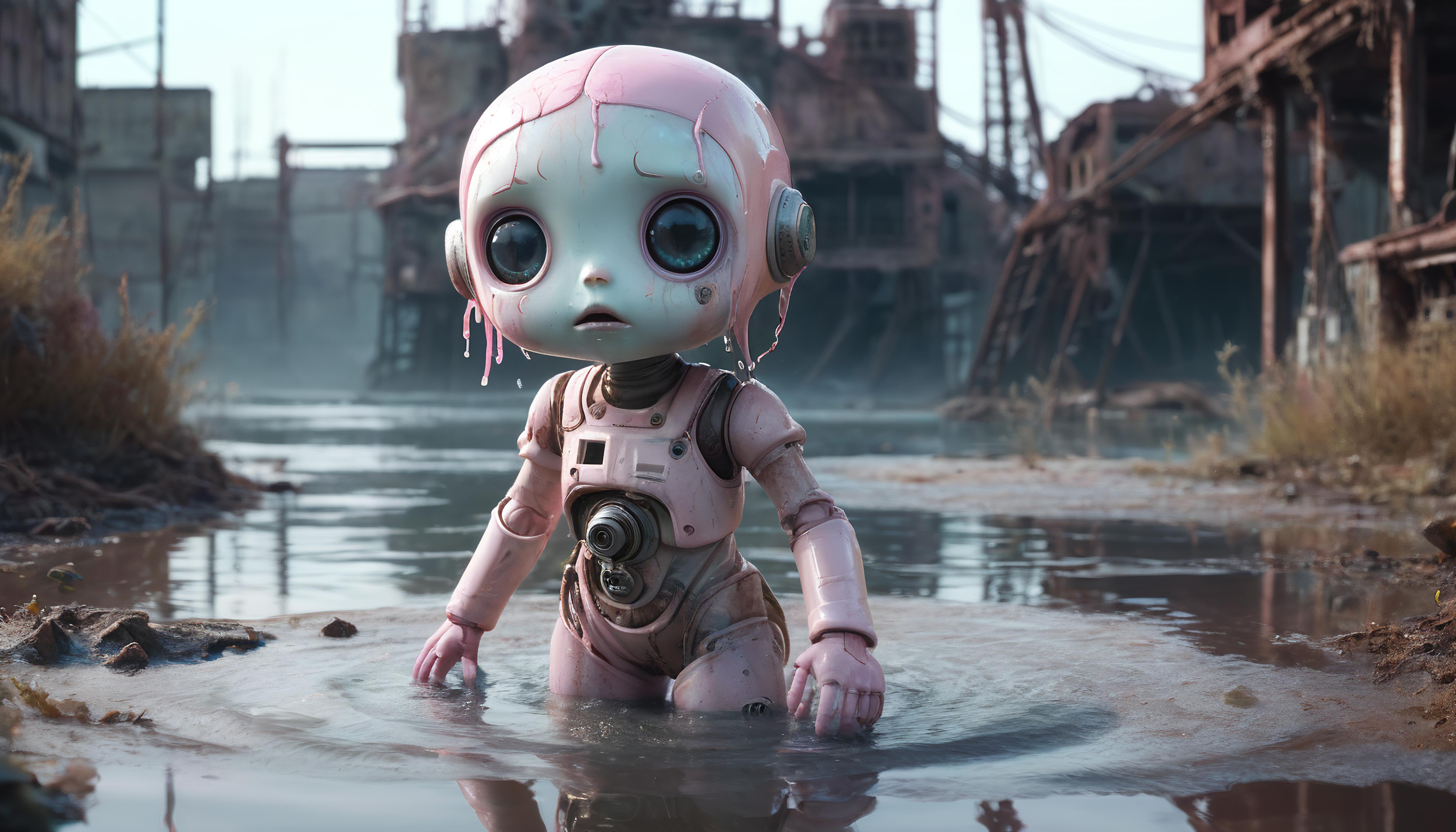 A pink doll in water, with a background of a rusty building.