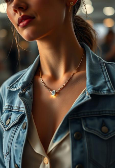(Casual Chic): casual chic outfit, modern streetwear, subdermal LED jewelry, (internal LED glow:1.6) beneath the skin, (embedded LEDs:1.6) forming a subtle light pattern along the collarbone, soft light radiating from beneath the skin, (natural skin tone:1.5), (denim jacket:1.4), (elegant blouse:1.3), high-definition, soft light glowing through skin as stylish accents, (highly realistic skin texture:1.7), (seamless integration of light and skin:1.5), refined elegance, advanced subdermal technology, smooth light transitions, (glowing contours following body curves:1.5), tech-enhanced beauty, (worn jewelry:-1.7), (visible necklace:-1.7), (unnatural glow:-1.6), (clunky design:-1.5), high-resolution, futuristic but subtle enhancements