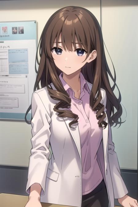 taeanegasaki, <lora:tae anegasaki s2-lora-nochekaiser:1>,
tae anegasaki, long hair, brown hair, (light brown hair:1.2) drill hair, (black eyes:1.5), bangs, blunt bangs, smile,
BREAK labcoat, shirt, (pink shirt:1.2), collared shirt, skirt, pencil skirt, black skirt, (white labcoat:1.2),
BREAK indoors, classroom,
BREAK looking at viewer, (cowboy shot:1.5),
BREAK <lyco:GoodHands-beta2:1>, (masterpiece:1.2), best quality, high resolution, unity 8k wallpaper, (illustration:0.8), (beautiful detailed eyes:1.6), extremely detailed face, perfect lighting, extremely detailed CG, (perfect hands, perfect anatomy),