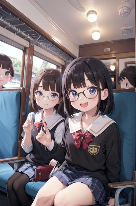 best quality, ultra-detailed, illustration,
oha35, train interior, scenery, seat, indoors, chair, window, ceiling, ceiling light,
multiple girls, school uniform, black hair, glasses, school bag, smile, laughing, looking at viewer, 
 <lora:JNR_oha35_SD15_V4_DIM4:1>