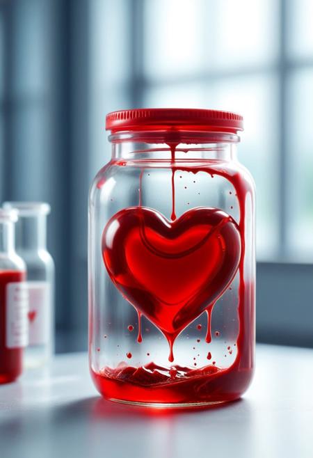 Blood for the Blood God, red heart in a jar, blurred lab background, realistic, photography, high quality