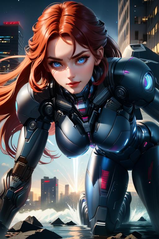 Futuristic Robot Woman with Blue Eyes and Red Hair Posing in a Cityscape