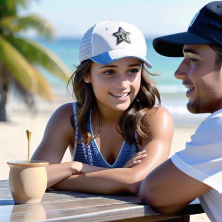 HQ, (alivik01-7250:1) sitting at a table, detailed face, baseball cap, smiling, on a beach, 8k uhd, high quality  <delta:alivik01-7250.delta(b8abdb79):1>