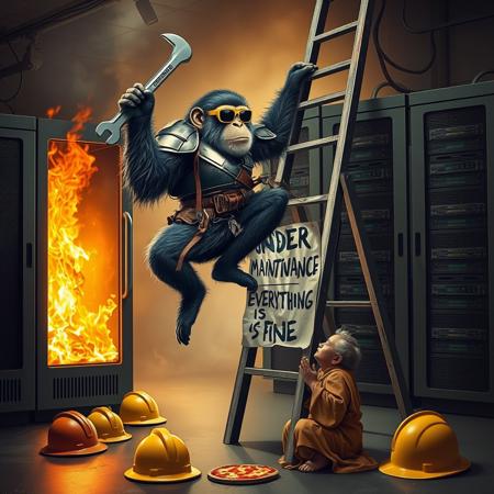 realistic, realism, surreal, monkey wearing sunglasses in armor holding a wrench, breakdancing up side down on a step ladder, in front of burning server machine, server is on fire. there are hard hats and pizzas on the floor, an old shaolin monk is praying on the floor. a paper sign on the ladder say "UNDER MAINTENANCE\nEVERYTHING IS FINE"