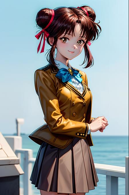 (exceptional, best aesthetic, new, newest, best quality, masterpiece, extremely detailed), 1girl, solo, yuukimiaki, hair_bun, hair_ribbon, smile, looking_at_viewer, blue_bow, brown_jacket, skirt