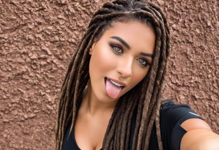 slogmclsfft 1girl solo selfie, holding phone, looking at viewer, looking at mirror, pubic hair, Nike, tongue 24 year old, huge breasts, Auburn dreadlocks, Solomon Islander real world location, fair skin, coral eyes, fair skinned, best quality, RAW photo, subject, 8k uhd, high quality, photorealistic, ostentatious, Textured background shot <lora:slogmclsfXLrd:0.9>