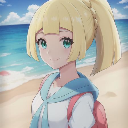 <lora:character_pokemon_lillie_v1:0.5> beach, 1girl, character_pokemon_lillie, solo, portrait, looking at viewer, smile, ponytail, shirt, backpack